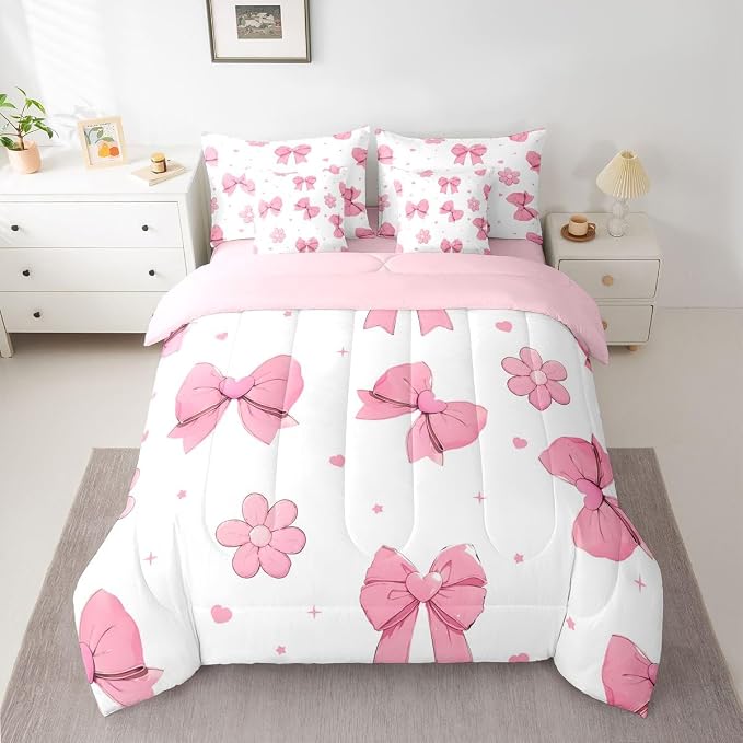Erosebridal Pink Bows King 7 Piece Comforter Set for Girls Bedroom Bowknot Bedding Set Bed in A Bag Dreamy Coquette Bow Bed Set Girly Ribbon Heart Flowers Quilt Comforter with Sheets - Image 7