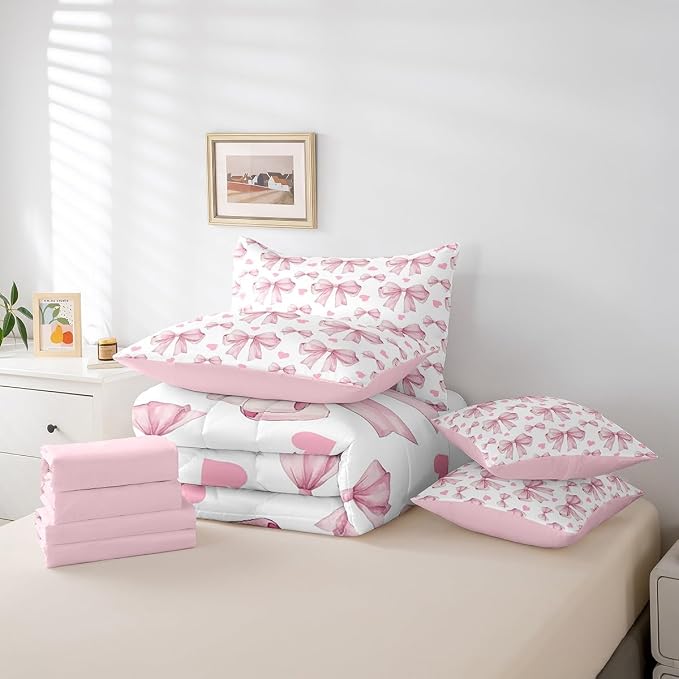 Erosebridal 7 Piece Pink Bowknot Kids Comforter Set King Bed in a Bag,Dreamy Princess Style Girls Bedding Set,Teens Romantic Love Heart Pattern Duvet Insert,Geometric Heart Bow Valentine Sheet Set - Image 6