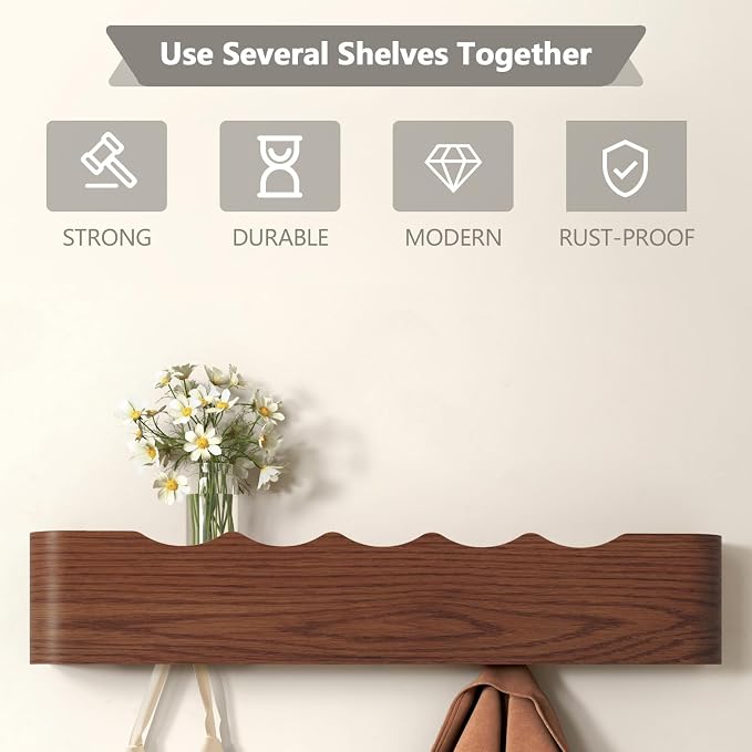 Wall Mounted Coat Rack with Shelf, Wooden Entryway Organizer with Hidden Metal Hooks for Hanging Coats Bags Keys, Modern Floating Shelf for Hallway Bathroom - Image 7