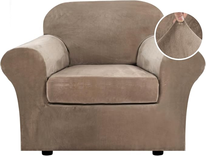 H.VERSAILTEX Rich Velvet Stretch 2 Piece Cover Chair Slipcover Sofa Cover Furniture Protector Couch Soft with Elastic Bottom Chair Couch Cover with Arms Width Up to 49 Inch(Chair,Camel) by HVERSAILTEX