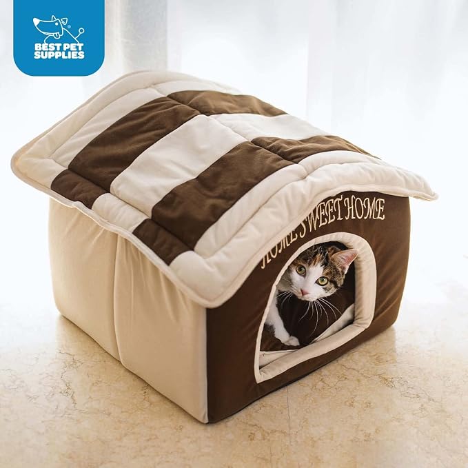 Best Pet Supplies Cat Bed for Indoor Cat, Domed Tent House with Removable Pillow, Covered Cat Cave for Small Dog, Puppies and All Breeds of Cats - Light Brown w/ Bones, 16 x 16 x H:14" - Image 8