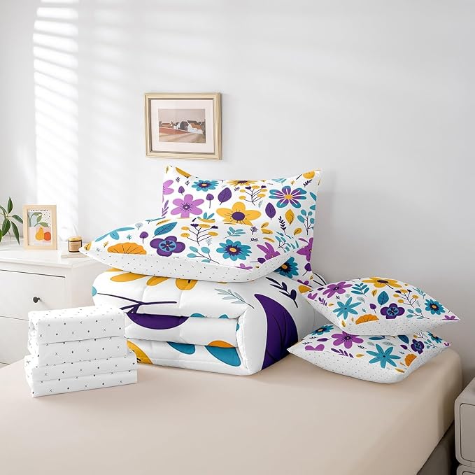 Feelyou Cute Flower Comforter Set with Sheets Full Cute Flower Floral 7 Piece Bedding Set for Kids Girls Teens Toddler Cartoon Floral Bed in a Bag Yellow Purple Bed Set - Image 6