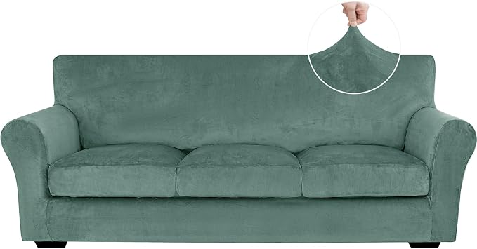 XINEAGE 4-Piece Velvet Sofa Cover,Couch Covers for Dog,Light Green | 3 Cushion Sofa,Stretch Non-slip Elastic, Pet-friendly, Washable, Fast Setup, Soft Plush Fabric, Furniture Protector. by XINEAGE
