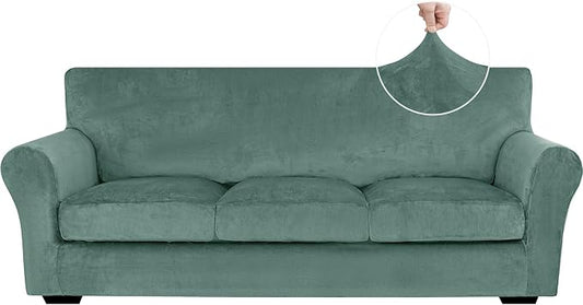 XINEAGE 4-Piece Velvet Sofa Cover,Couch Covers for Dog,Light Green | 3 Cushion Sofa,Stretch Non-slip Elastic, Pet-friendly, Washable, Fast Setup, Soft Plush Fabric, Furniture Protector. by XINEAGE