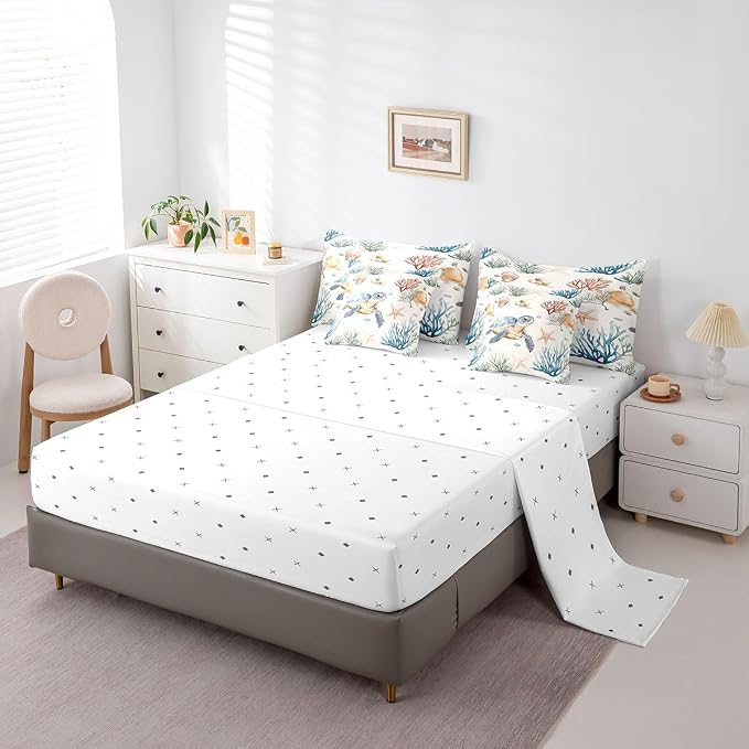Erosebridal Cartoon Sea Turtle Comforter Set with Sheets Twin Size, Ocean Animal Tortoise Bed in A Bag, Underwater World Sea Animal 7 Pieces Bedding Set, Kawaii Starfish Bedding Comforter Sets - Image 4