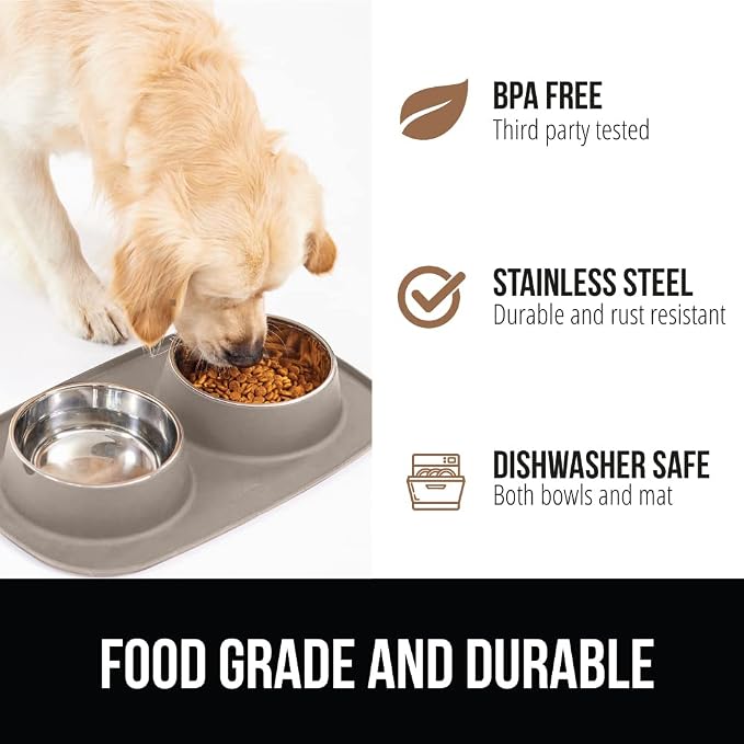 Gorilla Grip Cat and Dog Bowls Feeding Mat Set and Stainless Steel Metal Dog Bowl Set of 2, 2 Cup Raised Edge Feeding Mat Set, 2 Cup Heavy Duty Stainless Steel Bowls, Both Beige, 2 Item Bundle - Image 5