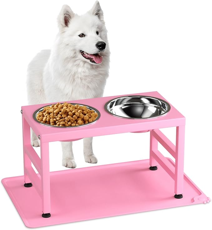 ADENGL Pink Metal Raised Dog Bowl Stand for Large Dogs, Stronger Elevated Dogs Bowls with Sprill Proof Mat, Food & Water Bowl 10in Tall Feeder (42OZ-Stainless Steel Dog Bowls, Mat-12x19 in) by ADENGL