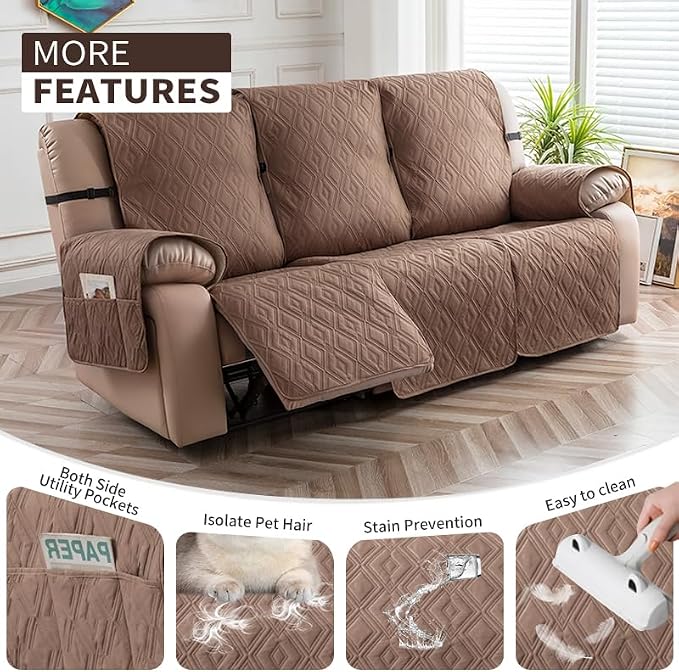 Genina Waterproof Couch Cover for Reclining Couch 3 Seater Non-Slip, Washable Recliner Sofa Covers for 3 Cushion Couch, Furniture Covers Couch Protector for Dogs Pets Kids (Camel, Recliner Sofa) - Image 4