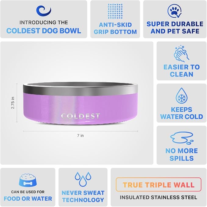 Coldest Dog Bowl - Anti Rust Metal, Non Slip, 3 Layers Insulated Stainless Steel Dog Bowls - Spill Proof & Heavy Duty - Water Bowl for Dogs, Cats, Dish Washer Safe (42 oz, Saturns Purple Glitter) - Image 5