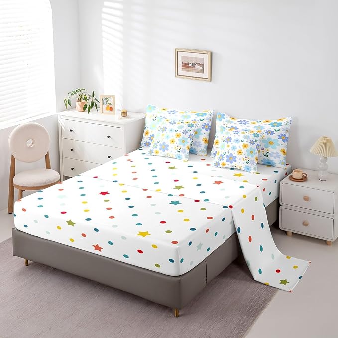 Feelyou Cute Flower 7 Piece Bedding Set King Size Kids Cartoon Cute Floral Bed in a Bag for Girls Teens Blue Yellow Comforter Set with Sheets Kawaii Bed Set - Image 2