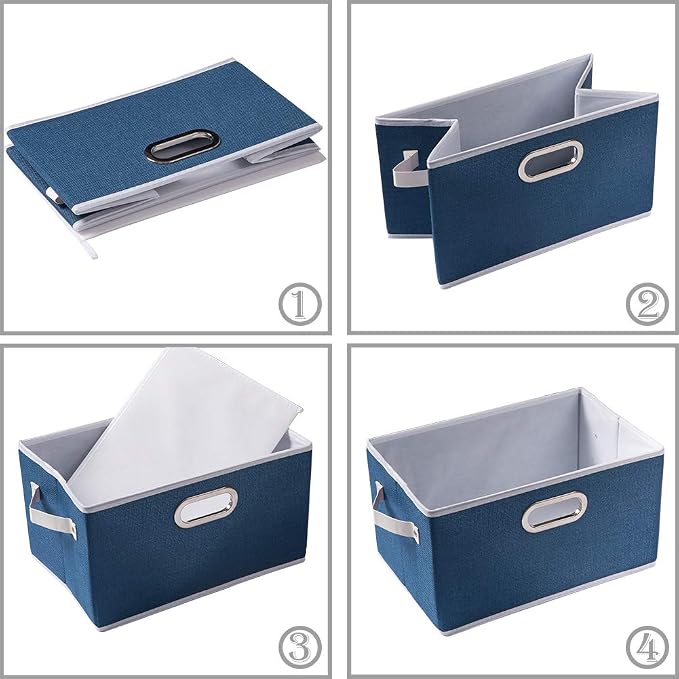 PRANDOM Fodable Storage Bins for Closet [3-pack] Decorative Fabric Storage Baskets Cubes with Leather/Metal Handles for Shelves Bedroom Living Room Royal Blue (11.5x8.5x6.7 Inch) - Image 5