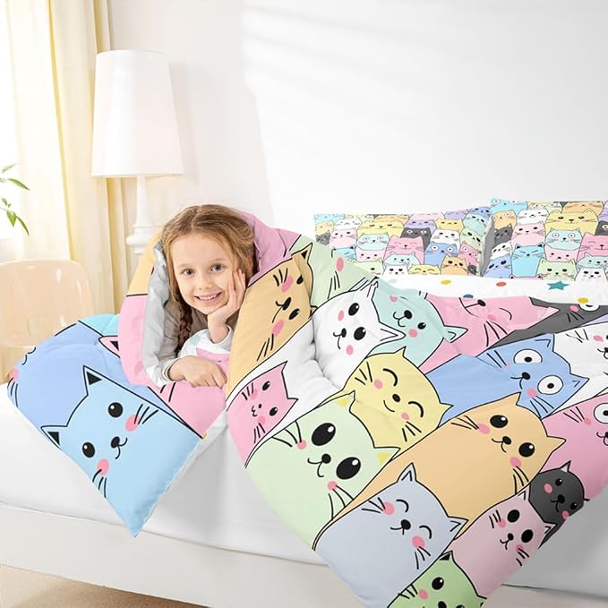 Feelyou Cat Comforter Set Toddler Size for Girls Kids Cute Colorful Cat Bedding Cartoon Theme Children Room Decor Kawaii Kitten Ultra Soft Microfiber Bed Sets 3 Piece - Image 2