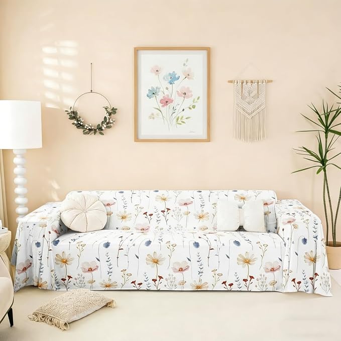 Erosebridal Watercolor Floral Sofa Cover Coral Beige Flower Couch Cover Modern Minimalist White Sofa Protector 91" X 134" Rustic Farmhouse Washable Non Slip Couch Protector for Pet Cats Kids by Erosebridal