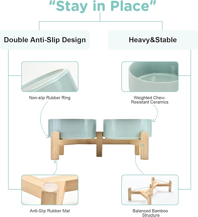 SPUNKYJUNKY Elevated Dog Bowls Ceramic, 5.1'' Dogs and Cat Food Water Bowls Raised with Non-Slip Bamboo Stand for Puppy Small Sized Breed Microwave Dishwasher Safe - 13.5 OZ,Light Green - Image 4