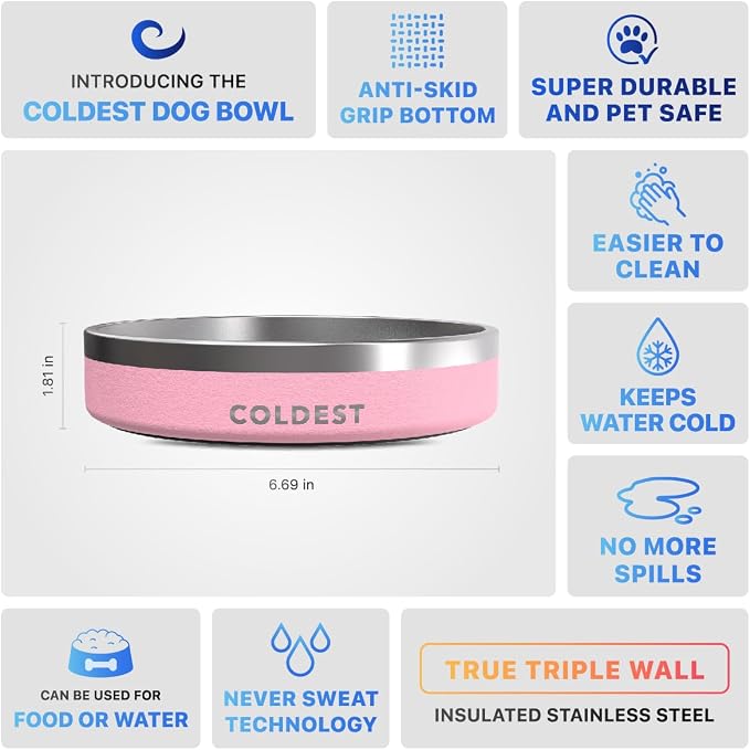 Coldest Dog Bowl - Anti Rust Metal, Non Slip, 3 Layers Insulated Stainless Steel Dog Bowls - Spill Proof & Heavy Duty - Water Bowl for Dogs, Cats & Pets, Dish Washer Safe (21 oz,Cotton Candy Pink) - Image 5