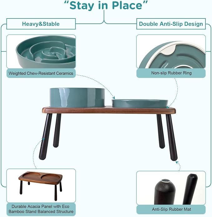 SPUNKYJUNKY Ceramic Elevated Dog Bowls with Slow Feeder Raised Acacia Bamboo Wooden Stand, 8.3'' Dog Food Water Bowls Set Non-Slip for Medium Large Sized Breed Microwave Dishwasher Safe - Dark Green - Image 4