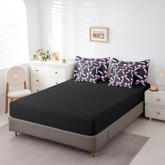 Erosebridal 7 Piece Bowknot Bedding Set King,Modern Pink and Black Bow Ribbon Kids Comforter Set for Boys Girls,Dreamy Princess Style Quilt Set,Watercolor Bows Sheet Set Valentine Decor - Image 5