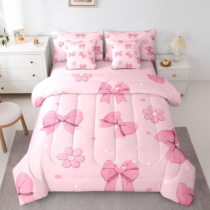 Erosebridal Pink Bows 7 Piece Comforter Set Twin Size Girly Bowknot Bedding Set for Kids Girls Bedroom Pink Bows Comforter with Sheets Microfiber Bow Ribbon Heart Pattern Quilt Set Flower Bed Set by Erosebridal