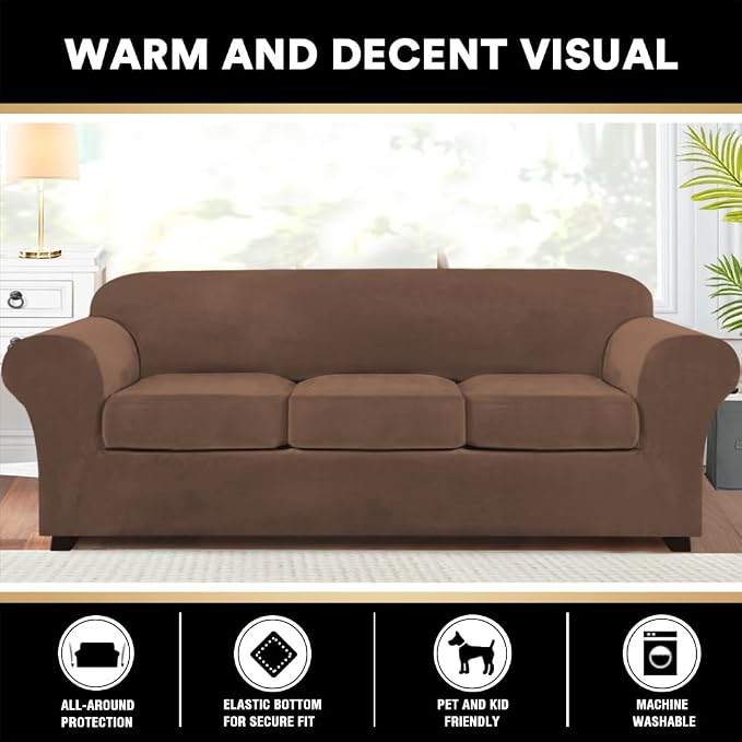 PrinceDeco Velvet Couch Covers for Sofa Soft 4 Pieces Couch Covers for 3 Cushion Couch Sofa Pet Friendly Furniture Protector with Non Slip Elastic Bottom Width Up to 97 Inch (Large Sofas, Caramel) - Image 6