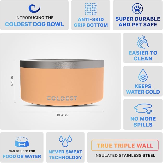 Coldest Dog Bowl - Anti Rust Metal, Non Slip, 3 Layers Insulated Stainless Steel Dog Bowls - Spill Proof & Heavy Duty - Water Bowl for Dogs, Cats & Pets, Dish Washer Safe (200 oz, Sahara Peach) - Image 5