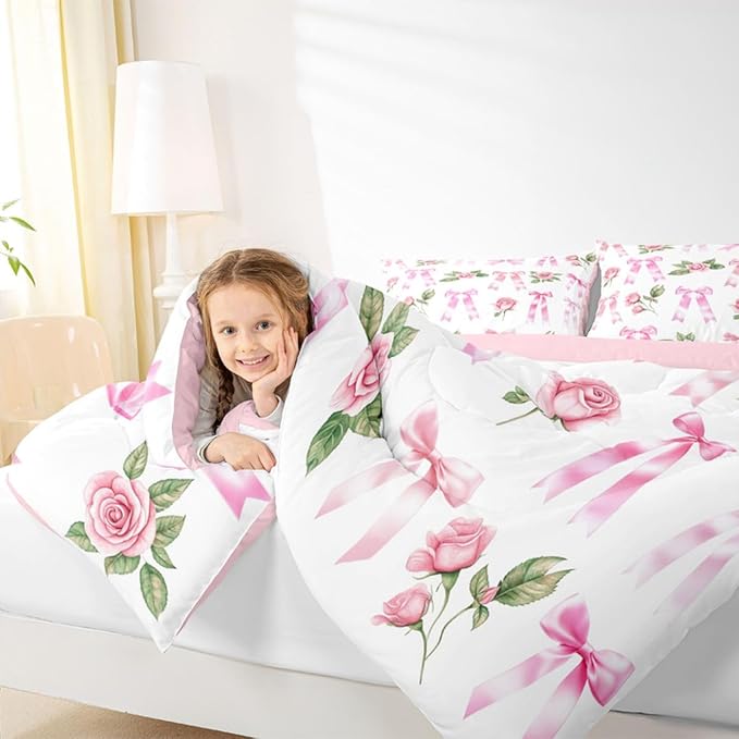 Manfei Floral Bowknot Comforter Set King Size,Dreamy Princess Style Flower Down Alternative Adults Bedroom Decor,Pink Bow Tie Print Ultra Soft Microfiber Inner Fill 3Pcs Bedding - Image 4