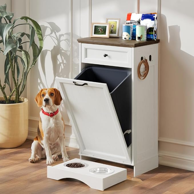 FIMELLO Dog Feeding Station, Tilt-Out Dog Food Storage Cabinet with Drawer,Pet Feeder Cabinet,White Grain by FimelloHome