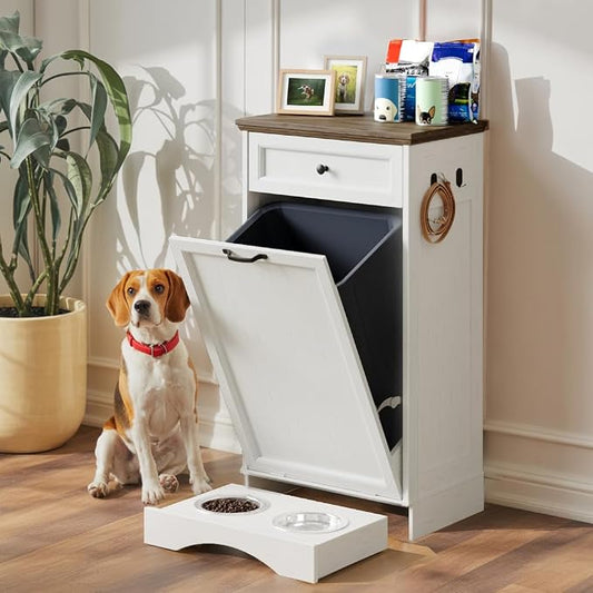FIMELLO Dog Feeding Station, Tilt-Out Dog Food Storage Cabinet with Drawer,Pet Feeder Cabinet,White Grain by FimelloHome