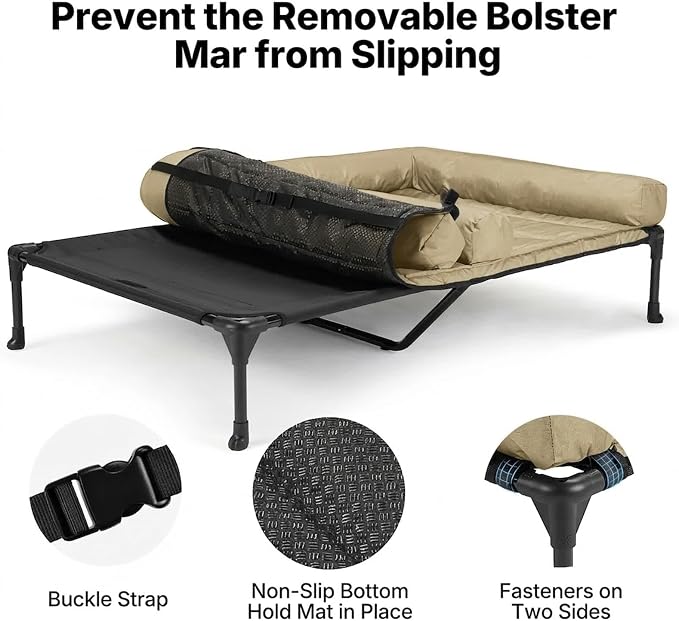 Veehoo Elevated Dog Bed for Two Dogs, Cooling Raised Dog Bed with Removable Waterproof Bolster Mat, 49" x 33" Double Dog Bed, Outdoor & Indoor Pet Cot with Breathable Mesh, Non-Slip Feet, Beige - Image 4