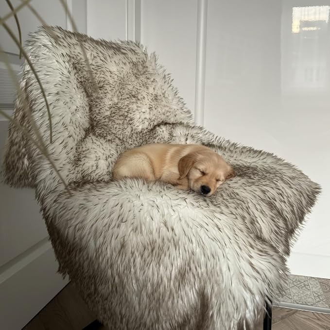 Faux Fur Dog Blanket, Waterproof Couch Cover, White w/ Brown Tips 40"x30" | Plush Sheepskin Style Pet Throw for Sofa, Bed, and Car, Washable Furniture Cover that Protects From Fur and Spills - Image 7