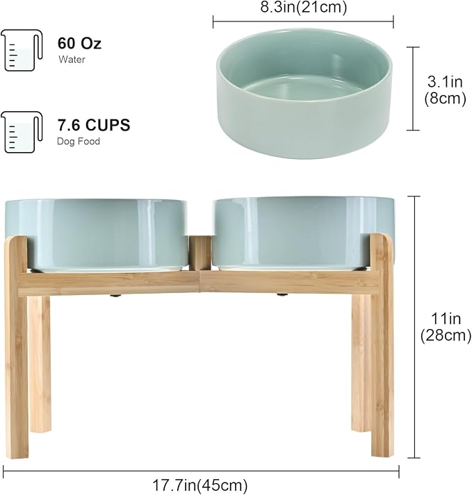 SPUNKYJUNKY Elevated Dog Bowls Ceramic, 8.3'' Dogs Food Water Bowls Raised with Non-Slip Bamboo Stand for Large Sized Breed Microwave Dishwasher Safe - 60 OZ,Light Green - Image 2