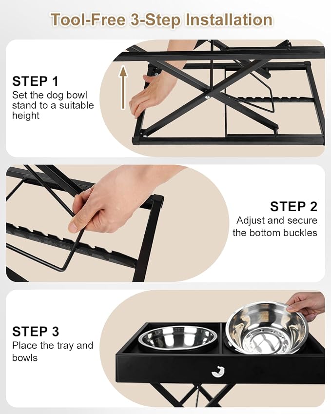 Taglory Metal Elevated Dog Bowls Stand for Large Breeds, 9 Height-Adjustable Raised Dog Bowl with 2 Stainless Steel Bowls(6 Cup), Anti-Slip Pads, 9" to 17.5", Black - Image 6