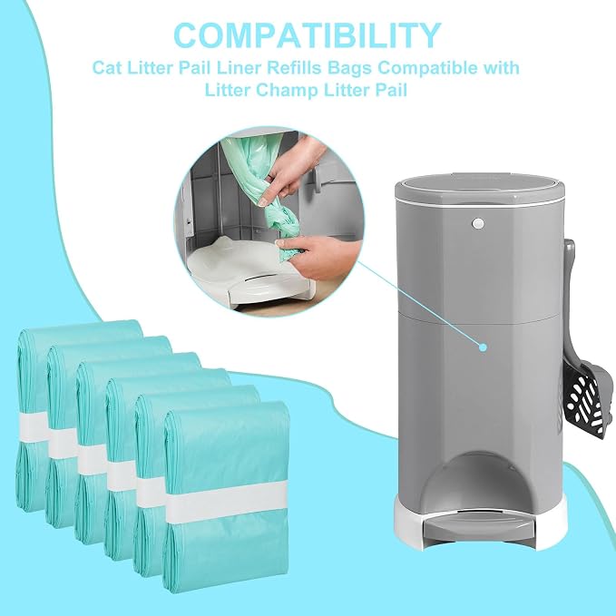 6 Count Cat Litter Pail Liner Refills - Bags Compatible with Litter Champ Pail, Green, Lightly Scented - Image 3