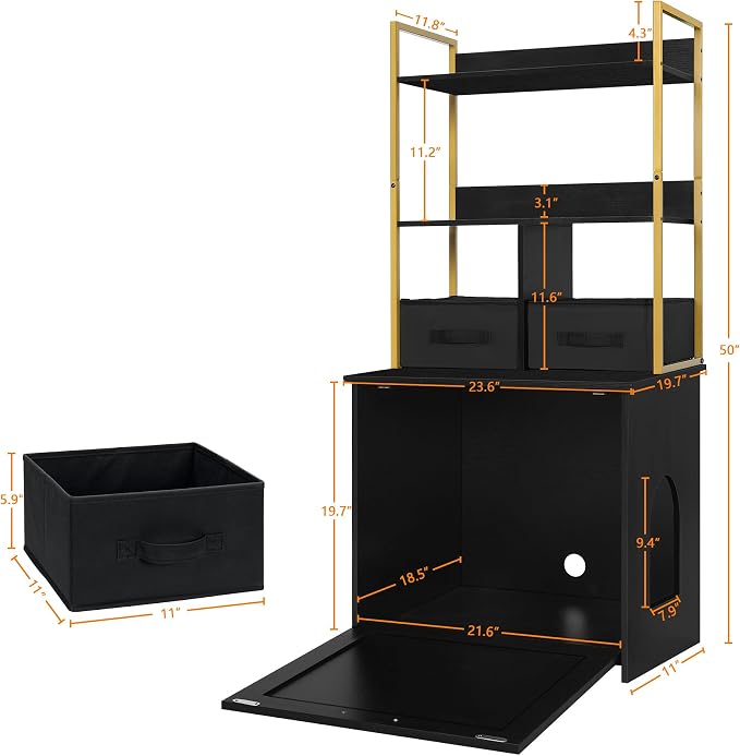 Dwanton Litter Box Enclosure with 2 Storage Shelves and 2 Drawers, 2-in-1 Hidden Cat Litter Box Enclosure Furniture with Shelf, Reversible Entrance, Washable Drawers, 50-Inch, Black+Gold - Image 3