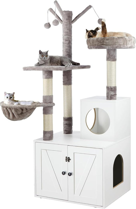Timberer Litter Box Enclosure with Cat Tree, 2-in-1 Hidden Litter Box Furniture with Scratching Post, Modern Cat Condo, White by Timberer