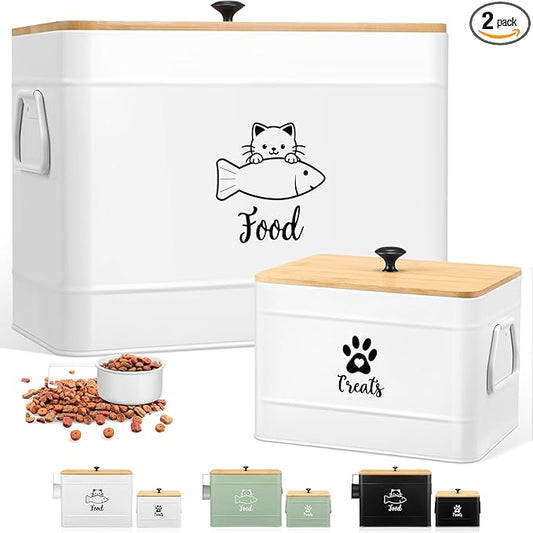 Reallnaive 2 Pcs Large Metal Cat Food Storage Containers 12+3.5 Lbs Decorative Pet Treat Snack Jars Airtight Bamboo Lids & Dry Food Scoop for Farmhouse Kitchen Counter Decor, Pet Owner Gifts(White) by Unknown