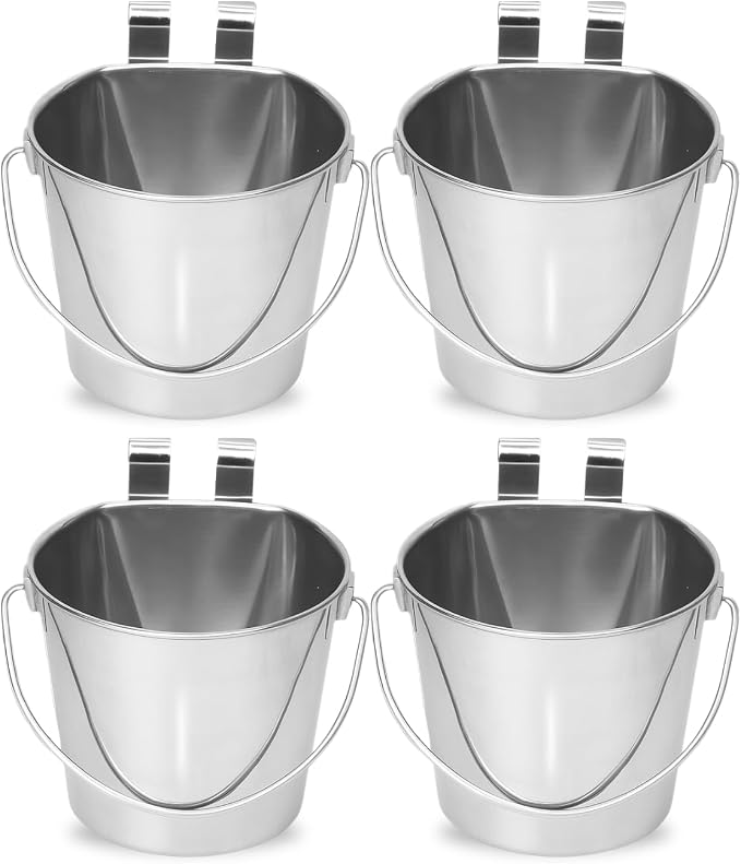 2 Quart Stainless Steel Flat Sided Bucket with Dual Hooks | 4 Pcs Durable Food & Water Bowl for Dog Cats Bird & Small Animals | Fits kennel Cage Crates Hanging Pet Pail | Multipurpose use by AASPIREPETS