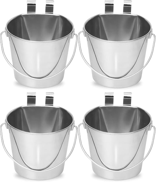 2 Quart Stainless Steel Flat Sided Bucket with Dual Hooks | 4 Pcs Durable Food & Water Bowl for Dog Cats Bird & Small Animals | Fits kennel Cage Crates Hanging Pet Pail | Multipurpose use by AASPIREPETS
