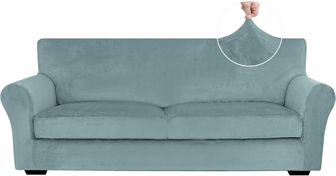 XINEAGE 3-Piece Velvet Sofa Cover,Couch Covers for Dog,Gray Blue | 2 Cushion Sofa,Stretch Non-slip Elastic, Pet-friendly, Washable, Fast Setup, Soft Plush Fabric, Furniture Protector. by XINEAGE