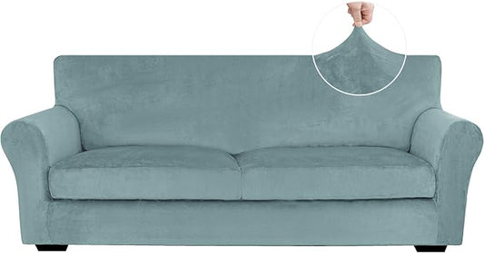 XINEAGE 3-Piece Velvet Sofa Cover,Couch Covers for Dog,Gray Blue | 2 Cushion Sofa,Stretch Non-slip Elastic, Pet-friendly, Washable, Fast Setup, Soft Plush Fabric, Furniture Protector. by XINEAGE