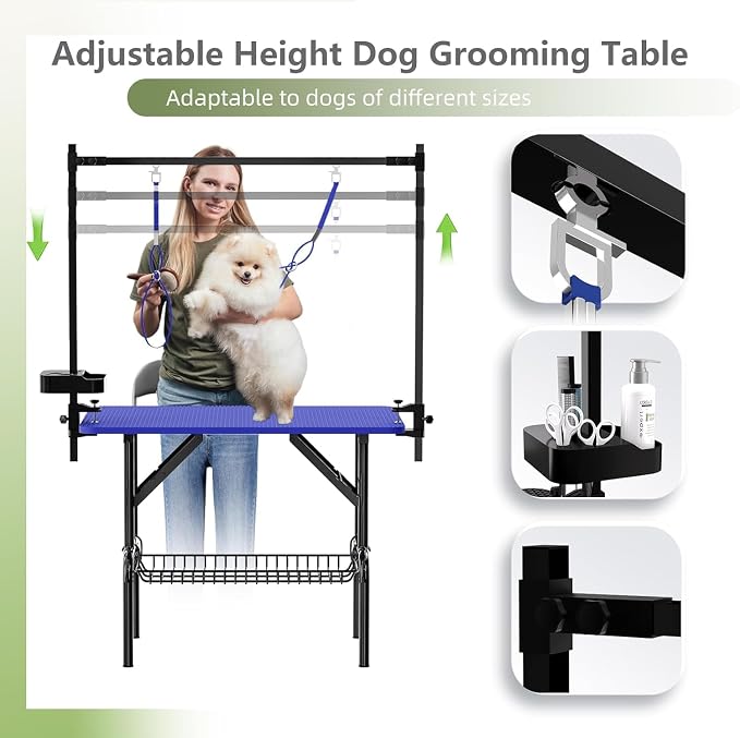Professional Dog Pet Grooming Table Adjustable Heavy Duty Portable w/Arm & Noose & Mesh Tray (36", Blue) - Image 2