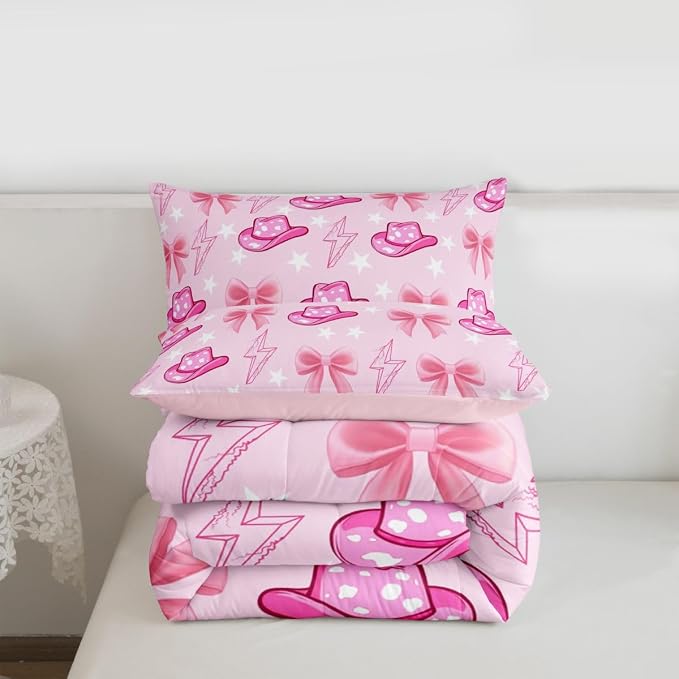 Manfei Cowgirl Pink Comforter Twin,Western Pink Hat Bowknot Girly Quilt Comforter with 1 Pillowcase for All Season Bedroom,Farm Life Star Lightweight Bedding Set Comfortable,Soft and Breathable - Image 6