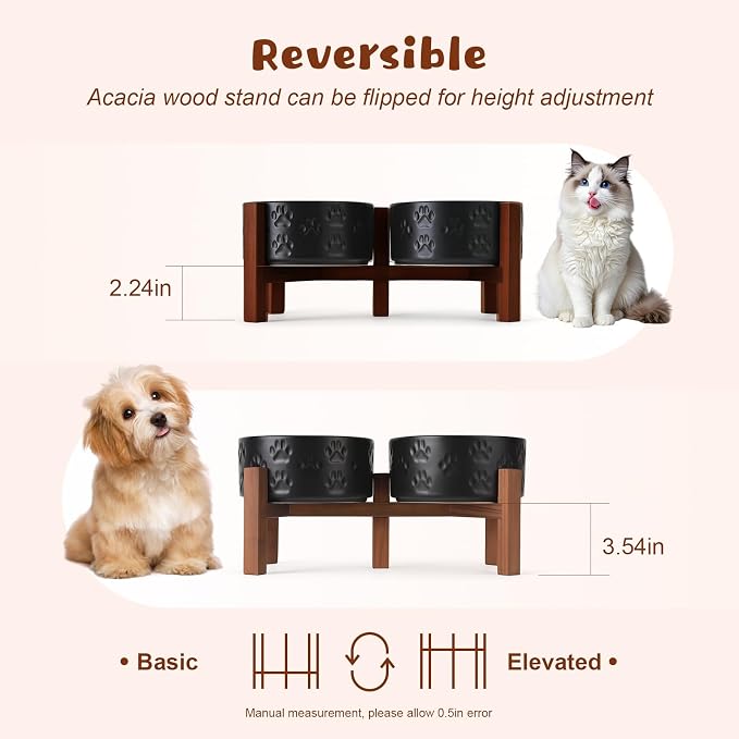 SPUNKYJUNKY Ceramic Elevated Dog Bowl Set with Acacia Wood Stand for Food and Water for Small Medium Sized Dogs (28.74 OZ, Black, Dog Paw Pattern) - Image 3