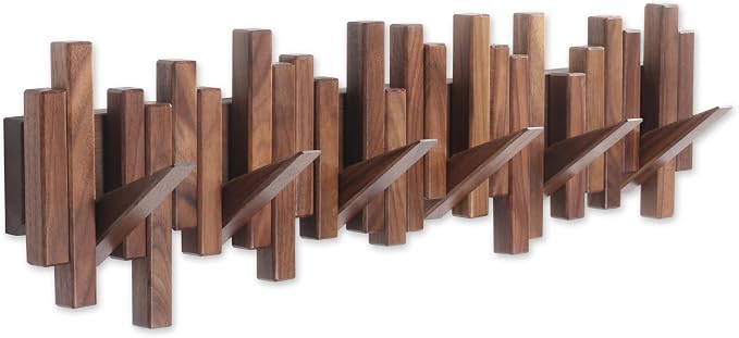 Coat Rack Wall Mount Piano Flip Down Wall Hook Rack 6 Hooks Walnut | Natural Wood Handmade Unique Hanger for Coats Bag Hat Umbrella key Wall Art In the foyer living room bedroom bathroom office by Acsigesn