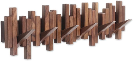 Coat Rack Wall Mount Piano Flip Down Wall Hook Rack 6 Hooks Walnut | Natural Wood Handmade Unique Hanger for Coats Bag Hat Umbrella key Wall Art In the foyer living room bedroom bathroom office by Acsigesn