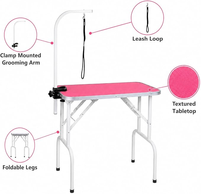 LEIBOU Pet Dog Grooming Table Foldable Grooming Table Heavy Duty Iron Frame with Arm & Noose for Dog Cat Pet Grooming (32'', Pink) - Image 3