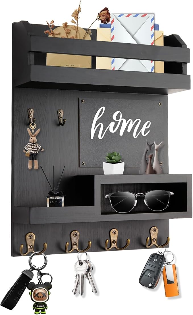 Large Key and Mail Holder Wall Mount, 12.5x16.5 Inch Solid Wood Key Racks for Entryway, Front Door, Hallway, Wall Organizer (Matte Black) - Image 8