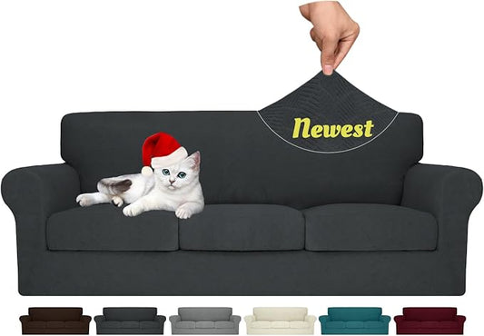 MAXIJIN 4 Piece Couch Covers for 3 Cushion Couch Sofa Covers, Stretch Couch Slipcovers for Sofas with 3 Cushions, Thick 3 Seat Furniture Protector for Dogs Pet (71"-91", Gray) by MAXIJIN