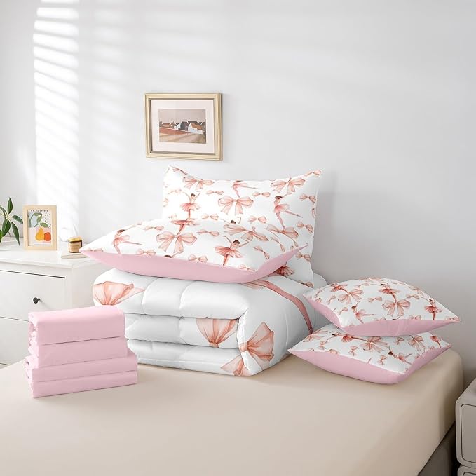 Erosebridal 7 Piece Girly Bowknot Kids Comforter Set Full Bed in a Bag,Dreamy Princess Style Bedding Set for Kids Teens Adult,Ballet Girls Dancing Quilt,Elegant Watercolor Bow Tie Dancer Sheet Set - Image 6