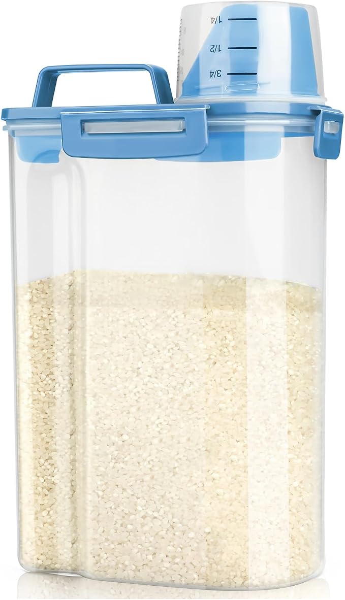 Viretec Rice Airtight Storage Container, 3 to 5Lbs Cereal Dry Food Flour Bin, Pet Dog Cat Food Dispenser with Measuring Cup, BPA Free Clear Plastic Kitchen and Pantry Organization Bin for Sugar, Pasta by Viretec