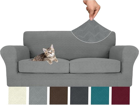 MAXIJIN 3 Piece Couch Covers for 2 Cushion Couch Sofa Cover, Stretch Loveseat Sofa Slipcovers for Sofas with 2 Large Cushions, Thick Dogs Pet Furniture Covers (71"-91", Light Gray) by MAXIJIN